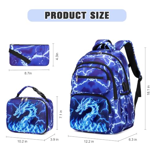 Bevalsa Backpack for Boys, Lightning School Bags with Lunch Bag & Pen Case for Kids, Bookbag for Boys Teens Elementary Middle High School - color: Blue Dragon