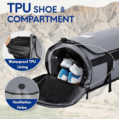 Haimont Heavy Duty Convertible Travel Duffel Backpack, Grey, 90L | Shoe Compartment, Water-Resistant Tarpaulin, Wide U-Shaped Opening - color: Grey, size: 90L