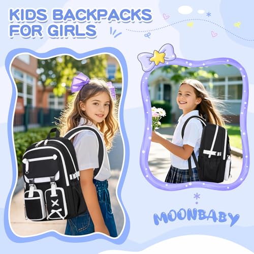 MOONBABY Girls Backpack with Lunch Box & Pencil Case for Kids Teens Bookbag for Elementary Primary Middle High School Daypack - color: Black-3pcs