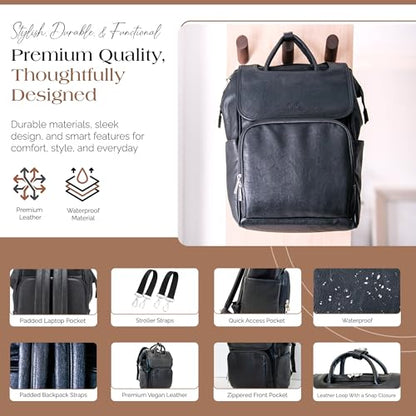 Citi Collective Explorer Black Diaper Bag Backpack - Vegan Leather Diaper Bag with Shoulder Strap, Insulated Bottle Pockets, Changing Pad, Stroller Clip- Versatile Diaper Bag for Baby - color: Black