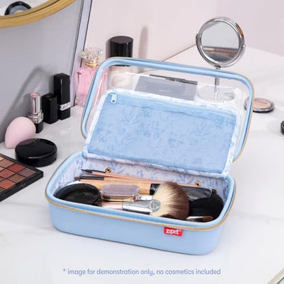 ZIPIT: Travel Makeup Bag - Blue & White Flowers - Protective Hard Shell, Large Cosmetic Case, Transparent Zipper Lid, Carry Handle, Toiletry Organizer - color: Light Blue