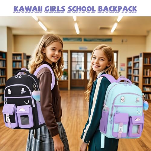 Girls Backpack, Lightweight Kids Backpack Kawaii School Backpacks Bookbag for Primary Elementary School,Age 6-14 years,Green Match Purple(Luggage Strap Ver) - color: 1pc-black & Purple(luggage Strap Ver)