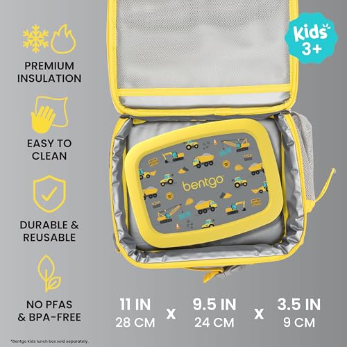 Bentgo Kids Lunch Bag - Durable, Double-Insulated Lunch Bag for Kids 3+; Holds Lunch Box, Water Bottle, & Snacks; Easy-Clean Water-Resistant Fabric & Multiple Zippered Pockets (Construction Trucks) - color: Construction Trucks
