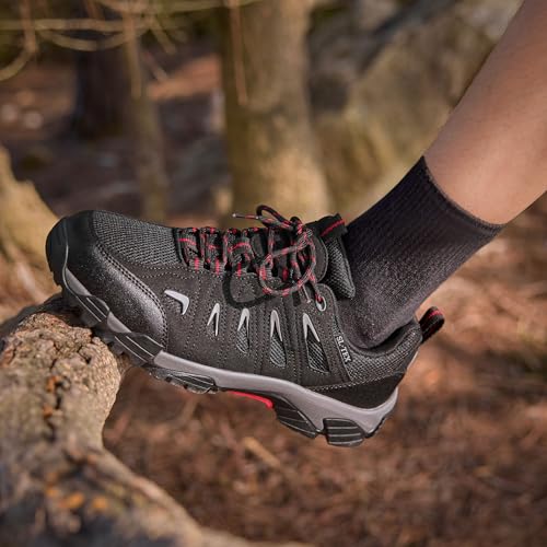 SHULOOK Men's Waterproof Hiking Shoes Lightweight Anti Slip Outdoor Ankle Boots Breathable Hike Trekking Trails Shoe - color: Black/Red, size: 7