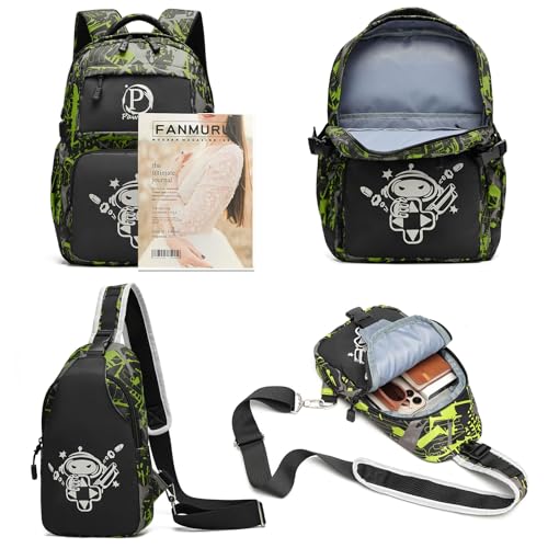 Boys Backpack, Cool Luminous School Backpack with USB Charging Port for Teen Boys, Kindergarten Elementary College Middle School Bookbag Lightweight Laptop Bag with Sling Bag Set, Green - style: Gamer-green02