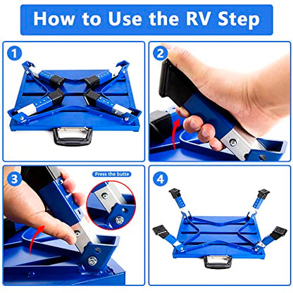 Homeon Wheels Aluminium RV Steps Adjustable Folding Step Stool with Non-Slip Rubber Feet, Stable Platform, Safety Strips, Handle, Easy Carry, Outdoor Camper Trailer Travel - Blue - color: Blue