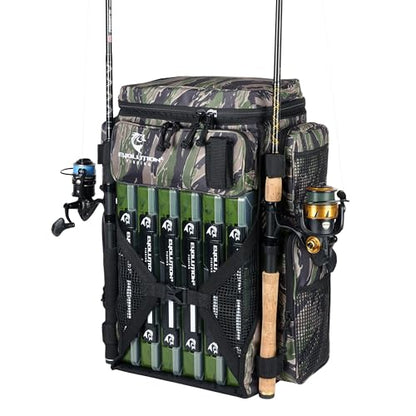 Evolution Fishing Drift Series Tackle Backpack, Outdoor Rucksack w/ 6 Fishing Tackle Trays, Heavy Duty - color: Tiger Stripe, size: 3700