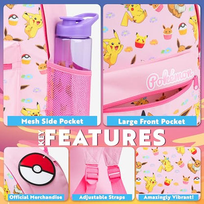 Pokemon Backpack for Kids Teens Boys Girls, Pikachu Anime Backpacks, Bag for Daycare Sports Vacation Travel, School Gift (Pink) - color: Pink