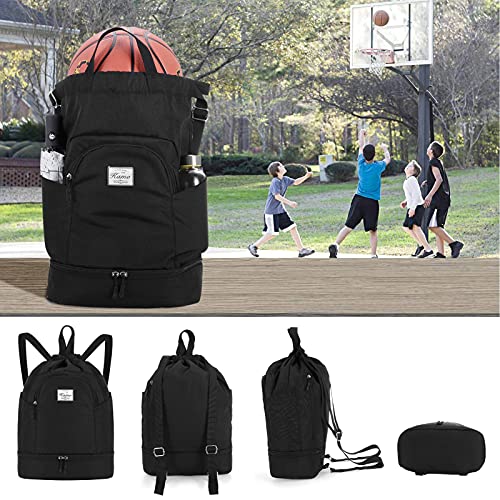 KAMO Drawstring Backpack Bag - Sport Swimming Yoga Backpack with Shoe Compartment, Two Water Bottle Holder for Men Women Large String Backpack Athletic Sackpack for Travel - color: Black
