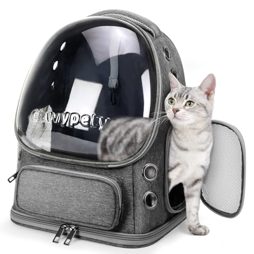 Cawypety Cat Backpack Carrier, Breathable Cat Carrier Large Space Bubble Pet Backpack for Kitty Small Dog up to 12lbs, Transparent & Foldable Pet Carrier for Travel Hiking - color: Dark Gray