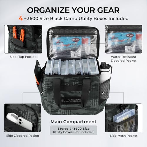 KastKing BaitSpace Fishing Tackle Bag With 4 Tackle Boxes & Removable Bait Binder, Water-Resistant Tackle Storage, Durable Fishing Gear, Adjustable Shoulder Strap - color: A: Black Camo, size: Medium - 4*3600 Trays