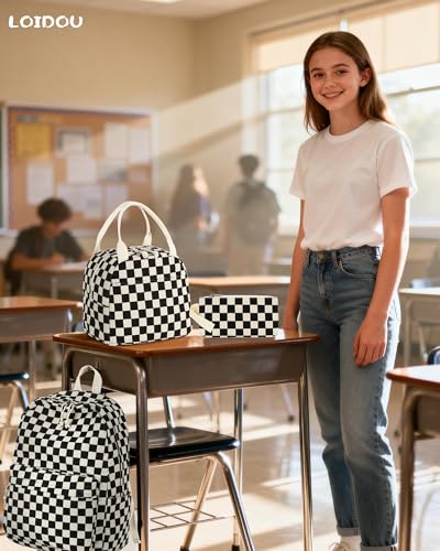 LOIDOU Backpack for Teen Girls Bookbags School Backpack with Lunch Box and Pencil Case 3 in 1 School Bags Set - color: Black and white check