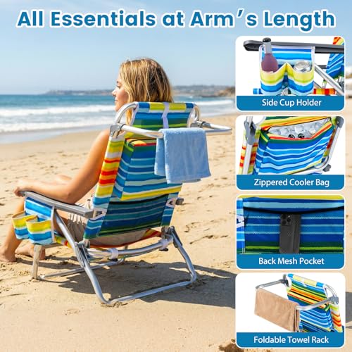COSTWAY Portable Folding Backpack Beach Chairs Set of 2 with 5-Position Backrest, Padded Headrest, Cup Holder & Ice Bag for Lawn, Poolside (Rainbow Stripe) - color: Rainbow Stripe