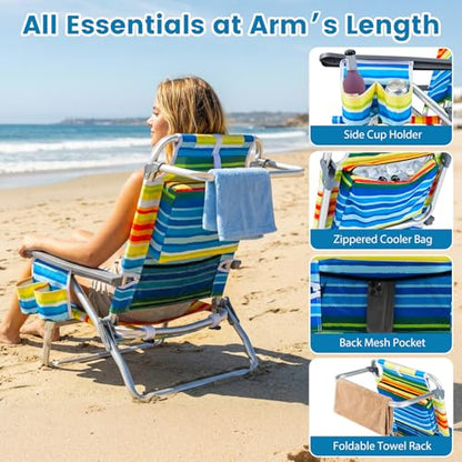 COSTWAY Portable Folding Backpack Beach Chairs Set of 2 with 5-Position Backrest, Padded Headrest, Cup Holder & Ice Bag for Lawn, Poolside (Rainbow Stripe) - color: Rainbow Stripe
