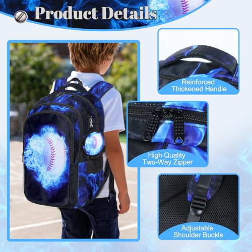 Boys Baseball Backpack with Lunch Box, Kids Backpack Set for School, 17inch Bookbag with Pencil Case Coin Purse Blue - color: Baseball Blue