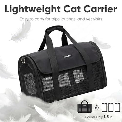 FUKUMARU Cat Carrier, Light & Airy Pet Carrier, 18x11x11 Airline Approved Dog Carrier for Small Dogs, 2-in-1 Shoulder Strap Leash, Collapsible Soft Cat Travel Carrier with Anti-Scratch Mesh, Black - color: Black