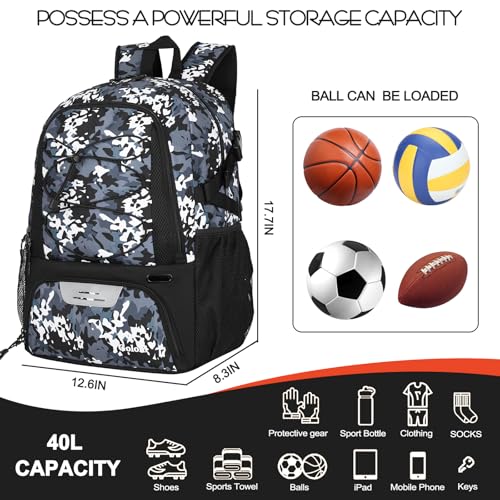Goloni 40L Basketball Bag,Large Basketball Backpack with Ball Compartment & Shoe Compartment,Backpack for Soccer,Volleyball - color: Camo Gray
