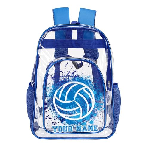Custom Volleyball Clear Backpack Heavy Duty for Girls Kids Boys | Large Cool PVC Volleyball Theme Printing Transparent Backpacks for Schools Stadium Concerts Work - Clear/Blue - color: Volleyball Clear Backpack 2 Blue With Front Pocket Custom