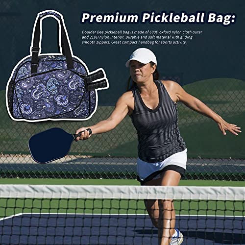 Boulder Bee Pickleball Bags, Premium Pickleball Tote Bag for Girls, Women’s Hand/Shoulder Gym Bag w Water Bottle Holder, with Pickleball Racquet/Paddle Holder - color: Blue cashew flower