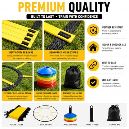 2-in-1 Agility Ladder Training Set, 20FT Speed Ladder with Circular Agility Ring, 10 Soccer Cones, Carry Bag, Footwork Speed Training Equipment for Soccer, Football, Basketball & Fitness | Circular Agility Ring