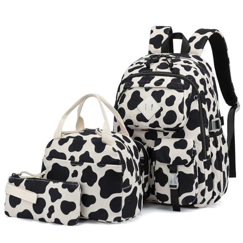 3Pcs Corduroy School Backpack for Girls, Kids Large Capacity School Bag Bookbags Set with Lunch Box and Pencil Bag (Corduroy Cow Print Black) - color: Corduroy Cow Print Black