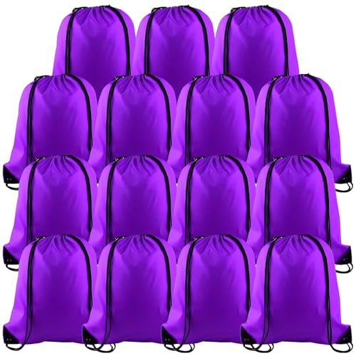 PLULON 15 Pcs Purple Drawstring Bags Drawstring Backpack Bulk, String Backpack Cinch Sack Sport Gym Backpack Bags for Yoga Traveling Outdoor Sports - color: Purple