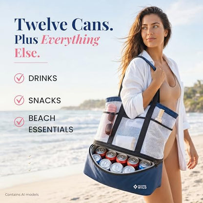 Beach Bag with Cooler Compartment Plus 3 Ice Packs – Keeps Drinks Cold for 6+ Hours – Insulated Beach Tote and Cooler Combo – Stay Organized with Two Bags in One- Perfect for Poolside and Picnics - color: Blue and White