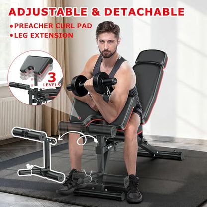 XDDIAS Workout Bench, Adjustable Weight Bench with Leg Extension and Leg Curl, Extended Headrest, 900LBS Preacher Curl Bench Incline Decline Flat Workout Bench for Home Gym Full Body Exercise - color: Black+ PU