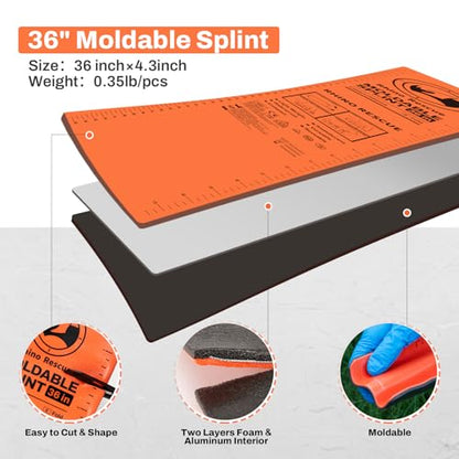 RHINO RESCUE First Aid Splint 36" X 4.3" Orange-Gray, Keep Bones in Position (4, Folded) - color: Orange