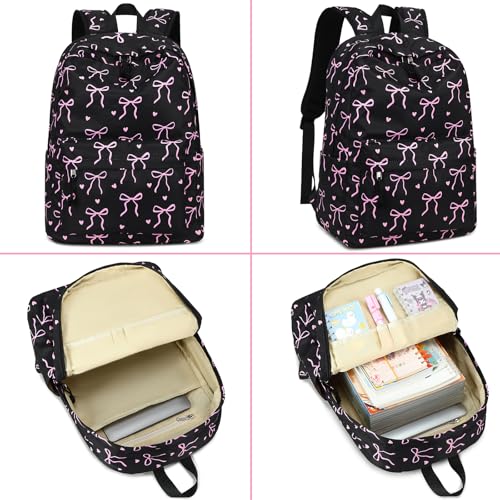LEDAOU School Backpack for Teen Girls - 15.6 Inch Laptop Backpack, Cute Bow Aesthetic Bookbag, Lightweight Water Resistant Daypack for Middle High School, College and Travel, Black - color: A-black Bow Tie