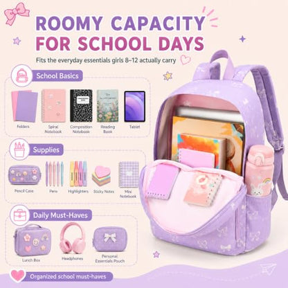 BTOOP School Backpacks for Teen Girls Bookbags Lightweight Kids Backpack School Bags Set with Lunch Box Pencil Case - color: Purple