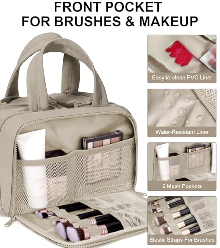 Travel Toiletry Bag, Large Wide-open Puffy Makeup Bag for Women Oatmeal - color: Oatmeal