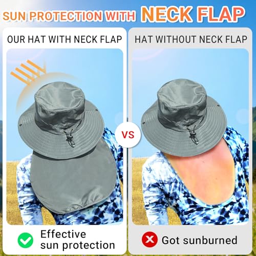 NPQQUAN Sun Hats for Men Women with Neck Flap UPF 50+ UV Protection Wide Brim Bucket Hat Safari Hiking Fishing Hats - color: Lightgrey（neck Flap）