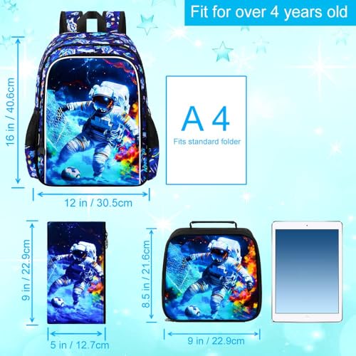 HPJGD 3PCS Boys Astronaut Bookbag, Water Resistant Kids School Bag Set with Lunch Box, Cool Backpack for Elementary Preschool Toddler - Soccer Astronaut - color: Cool Uv Printed Astronaut Soccer Blue