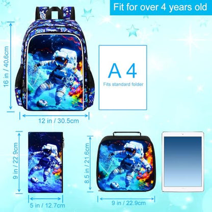 HPJGD 3PCS Boys Astronaut Bookbag, Water Resistant Kids School Bag Set with Lunch Box, Cool Backpack for Elementary Preschool Toddler - Soccer Astronaut - color: Cool Uv Printed Astronaut Soccer Blue