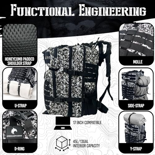 AMERICANPHOENIX 45L Elite Tactical Backpack | 3X Stronger Work & Military Backpack | Water Resistant and Heavy Duty | 3 Day MOLLE Bug Out Bag (Snow Leopard) - color: Snow Leopard