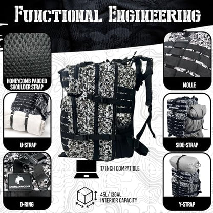 AMERICANPHOENIX 45L Elite Tactical Backpack | 3X Stronger Work & Military Backpack | Water Resistant and Heavy Duty | 3 Day MOLLE Bug Out Bag (Snow Leopard) - color: Snow Leopard