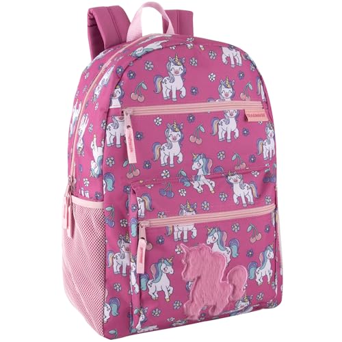Trail maker 17” Kids Character School Backpacks Plush for Girls with Side Pockets, Padded Straps - color: Plush Cherry Unicorns