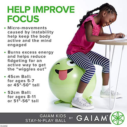 Gaiam Kids Stay-N-Play Children's Balance Ball - Flexible School Chair Active Classroom Desk Alternative Seating Built-In Stay-Put Soft Stability Legs, Includes Air Pump - color: Blue, size: 45cm