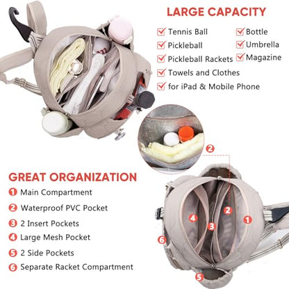 Quilted Tennis Bag for Women – Tennis Backpack & Crossbody Sling | Holds 2 Rackets or 3 Pickleball Paddles | Lightweight Badminton Racket Bag, Tennis Tote & Sports Backpack - color: Sand Beige
