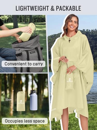 SaphiRose Extra Thick Hooded Rain Poncho Double Layer Waterproof Raincoat Jacket for Men Women Adults - color: Beige