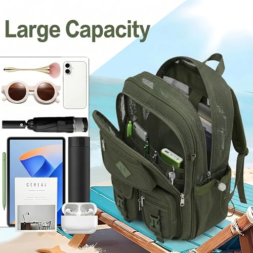 Mesh Backpack for Girls Boys, Women Mesh Bookbags Heavy Duty Semi-Transparent School Bag Net Back Pack for Travel, Beach, Swimming, Work - Army Green - color: Army Green