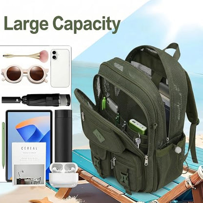 Mesh Backpack for Girls Boys, Women Mesh Bookbags Heavy Duty Semi-Transparent School Bag Net Back Pack for Travel, Beach, Swimming, Work - Army Green - color: Army Green