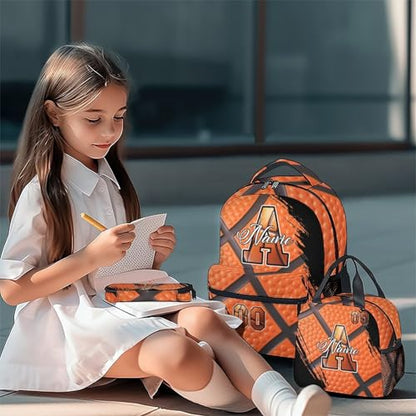 Mercuryelf Personalized Basketball Backpack for Boys - Custom Kids School Bookbag Set with Lunch Box 17 Inch Large Capacity Daypack - color: Orange