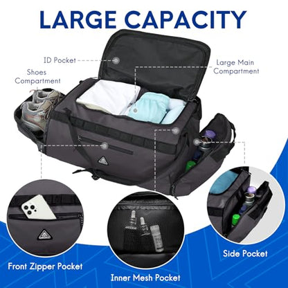Haimont Duffel Backpack Bag 50L Water Repellent Sports Gym Bag Foldable Men Women with Shoe Compartment for Travel Hiking Camping Outdoor, Upgrade, Dark Grey - color: Army Grey