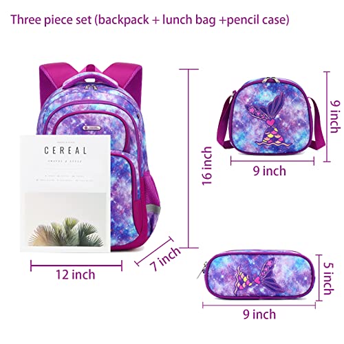 3Pcs Boys Dinosaur Backpack Set with Lunch Box Pencil Case, School Book Bag for Kids Elementary Preschool 1 - color: Mermaid Purple