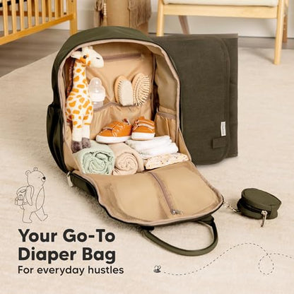 KeaBabies Diaper Bag Backpack - Multifunctional Travel Diaper Back Packs, Maternity Baby Changing Bags, Compact 18L Capacity, PU Leather, Waterproof, Unisex, Nappy Changing Pad (Dark Olive) - color: Dark Olive, style: Jumbo / 16.5" H
