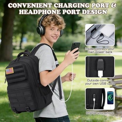 Camo Backpack for Boys, Tactical Boys Backpack with Lunch Box Pencil Case, Kids Backpacks with USB Charging Port, Military Army School Bookbag for Teen Boy Elementary Middle High School Camp - color: Black