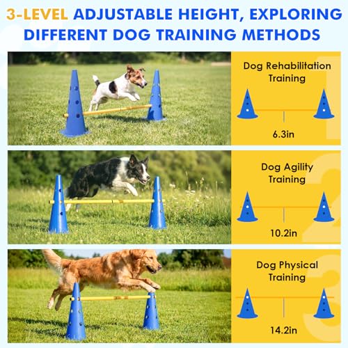 Wdmiya 18.9" Dog Agility Training Hurdle Cone Set, Dog Agility Course Backyard Set with Height Adjustable Crossbar, Dog Agility Equipment for Obedience, Rehabilitation, Starter - 12 Cones & 6 Poles
