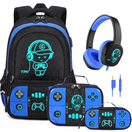 Bevalsa Backpack for School Boys,Cool Luminous Gamer Boys Backpacks with Wired Headphones Lunch Box Pencil Case,Kids Schoolbag for Teens Kindergarten Elementary School(Blue Backpack with Headphones) - color: Blue, style: Backpack With Headphones